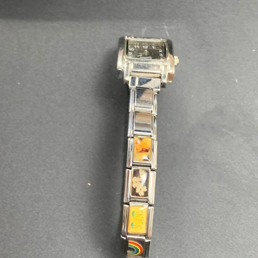 Uberry D'linQ Italian Charm Bracelet Watch Silver Tone Black Dial Vintage Style